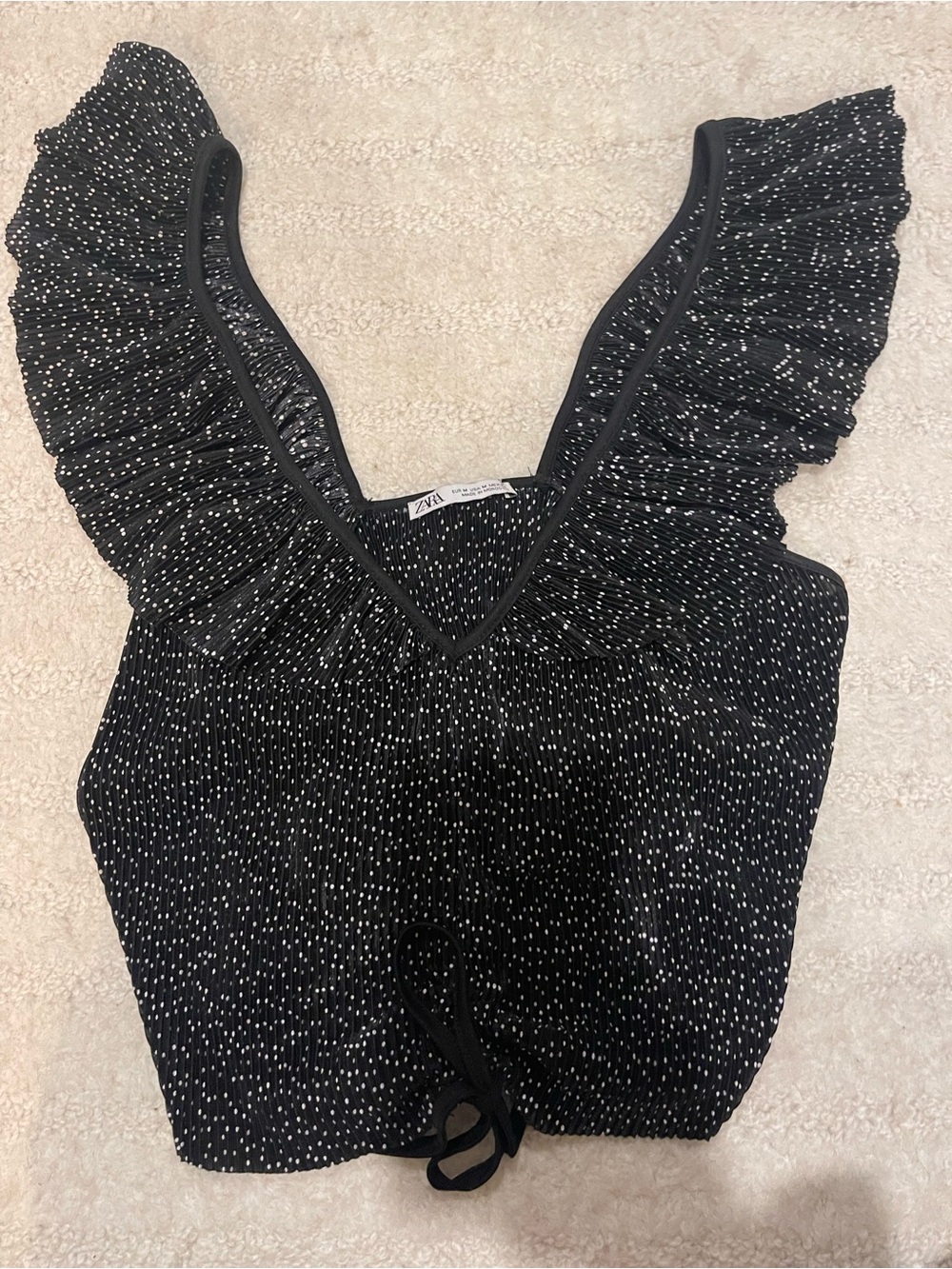 Zara Black Ruffle V-Neck Speckled Crop Top